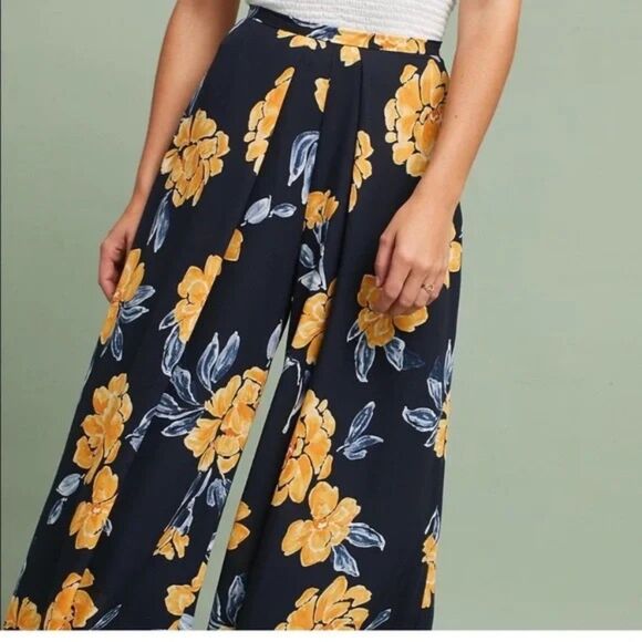 NWT Anthro Paper Crown Primrose Wide Leg Floral Pleated Pants in Blue & Yellow 8 - Picture 3 of 12